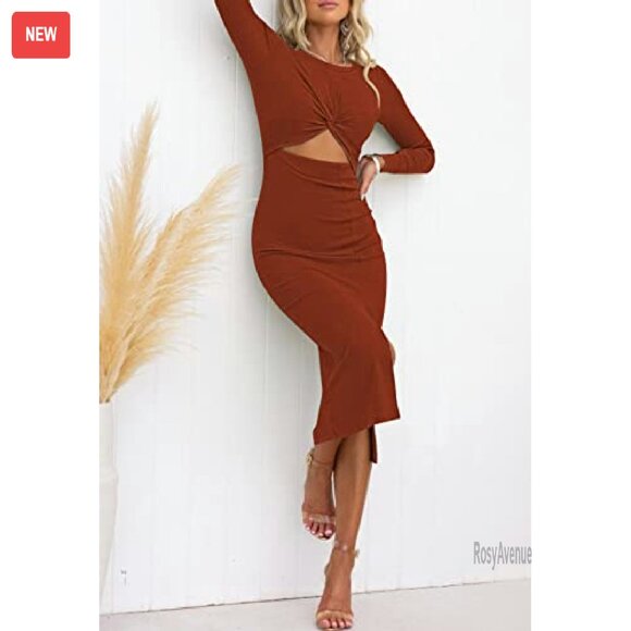 Long Sleeve Midi Dress Bodycon Ribbed Knit Twist Front Cutout - Picture 4 of 8